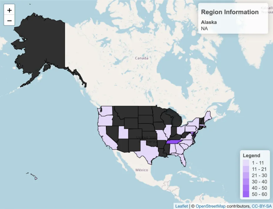 United States Map of community attendance at the AnVIL Community Conference 2025, in-person and virtual.