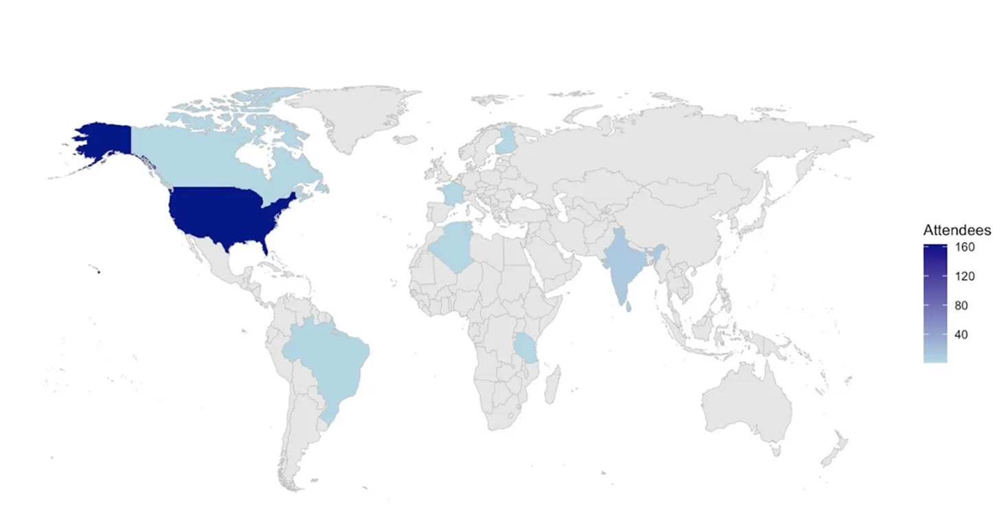 World Map of community registration at the AnVIL Community Conference 2025, in-person and virtual.