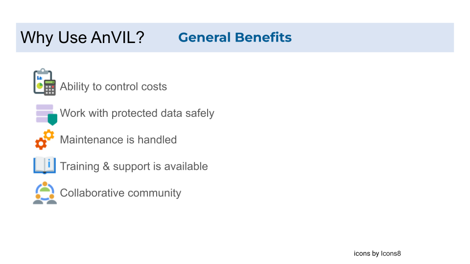 The general benefits of using the AnVIL are shown. These include the ability to control costs, work with protected data safely, maintenance is handled, training and support is available, and there is a collaborative community