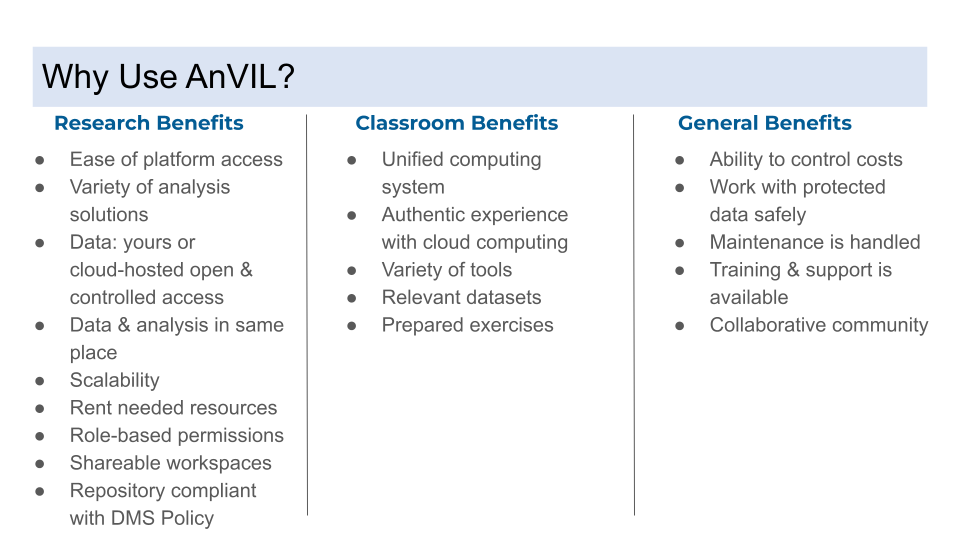 Why use AnVIL? There are research, classroom, and general benefits presented as sections within this guide