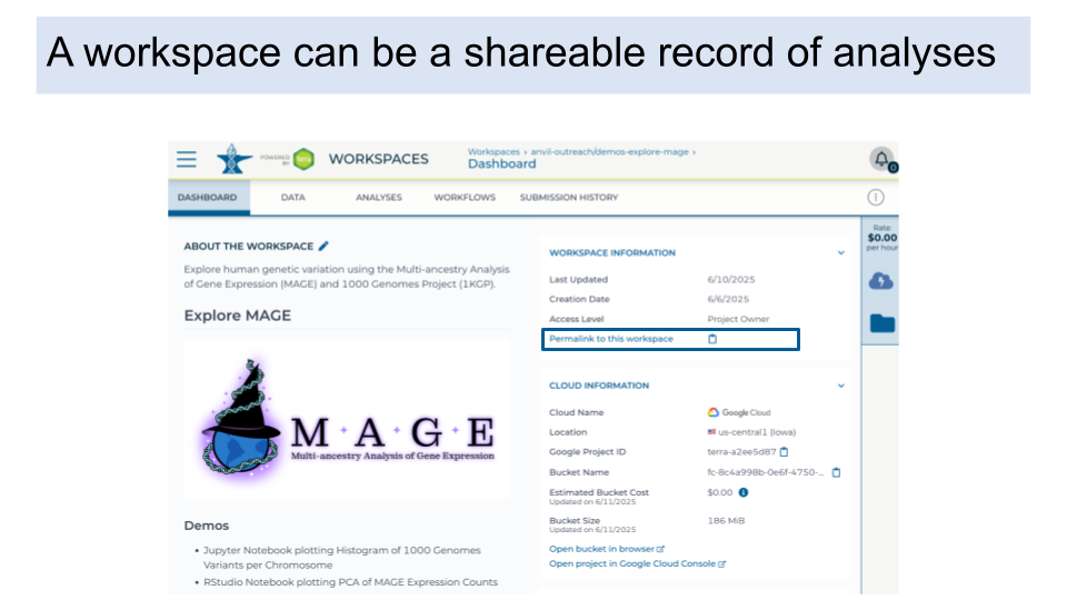 A workspace can be a shareable record of analyses. An example workspace is shown with options to share the workspace through its permalink highlighted